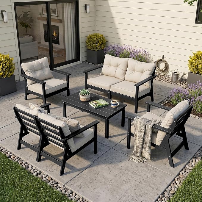 HDPE Patio Conversation Set 6 Seats, Outdoor Furniture Set, Patio Sofa Set | Water-Resistant Thick Cushion, HDPE All Weather, Wood-Grain, No Rot or Rust or Crack, UV Fade Shield, Easy-Clean for Outside
