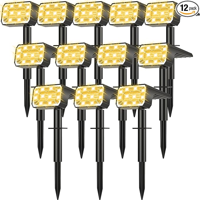 Solar Spot Lights Outdoor, 12 Pack Solar Landscape Lights with 100 LEDs Each, 4 Lighting Modes, IP65 Waterproof, 2-in-1 Adjustable Solar Spotlights for Yard Garden Pathway Driveway(Warm White)