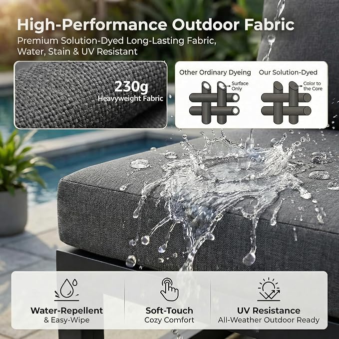 RADIATA 11 Pcs Modern Aluminum Outdoor Patio Furniture Set with Firepit Table & Side Table, Extra Large All-Weather Modular Sectional Couch, 29" Wide Deep Seating Conversation Sofa for Deck, Dark Grey