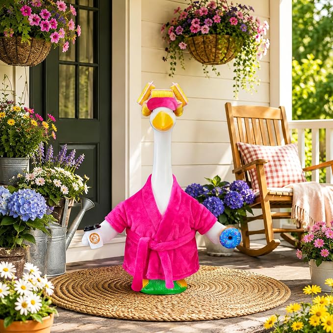 Lady Porch Goose Outfits, Spring Summer Porch Goose Clothes for 23 inch Goose Statue, Bathrobe Goose Costume with Curlers, Sleep Mask, Coffee, Donut for Lawn, Yard, Garden, Outdoor Patio, Home Decor