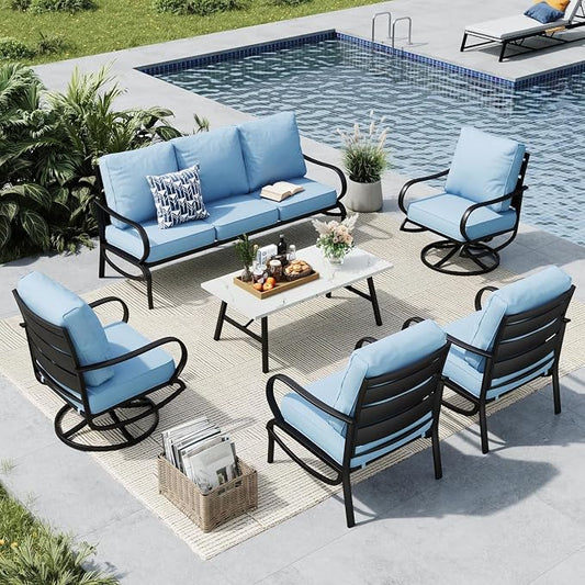 MFSTUDIO 6 Pieces Metal Patio Furniture Sets, 2 Swivel Chairs, 3-Seat Loveseat Sofa, 2 Patio Chairs & 1 Marbling Coffee Table, All Weather 7 Seats Outdoor Conversation Set for Garden Backyard, Blue
