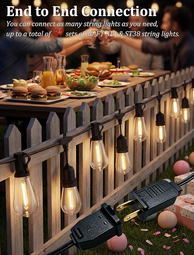 30FT Outdoor String Lights, Waterproof Patio Lights with 10 S14 & 9 ST38 LED Bulbs, Connectable Vintage Edison String Lights for Garden, Bistro, Backyard, Umbrella, Porch Decor - Black Wire