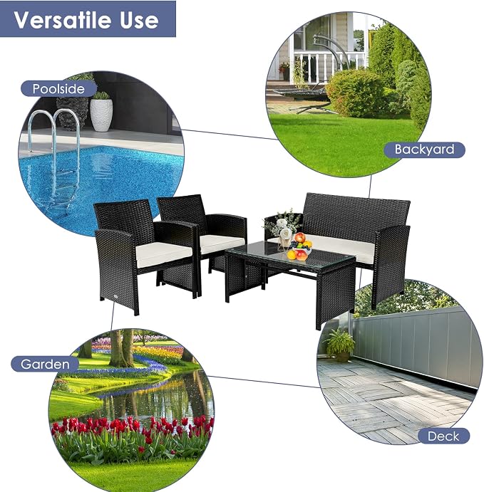 COSTWAY 4 Piece Patio Furniture Set, Outdoor PE Rattan Wicker Sectional Sofa with Cushion and Coffee Table, Patio Conversation Sets for Balcony Lawn Porch Patio Backyard Garden Poolside, White