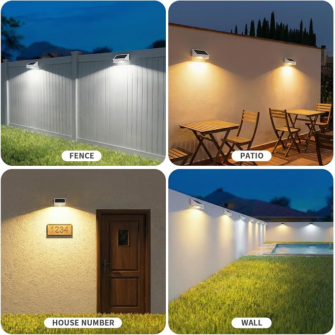 Solar Fence Lights 16 Pack, Outdoor Solar Lights with 3 Color Temperatures, IP65 Waterproof Wide-Angle LED Lighting for Fence, Patio, Yard, Deck, Wall, Garden (White)