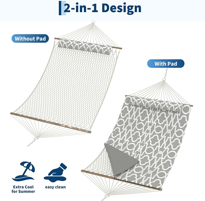 Takywep 2 Person Hammock with Polyester-Cotton Pad, 12FT Double Hammock with Wooden Spreader Bar, Removable Pillow, 450LBS Capacity, 2-in-1 Outdoor Hammock for Patio, Garden, Beach (No Stand)