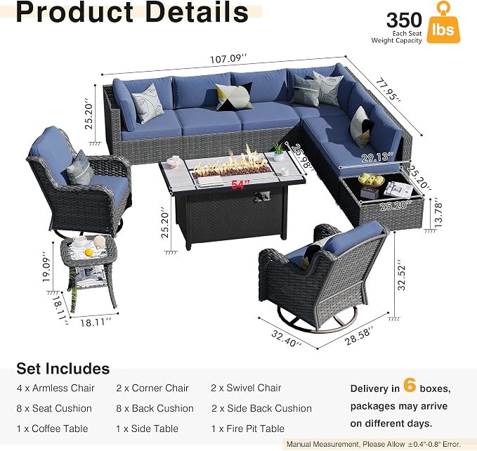 HOOOWOOO Outdoor Patio Furniture with Fire Pit Set 11 Pieces Patio Set with Fire Pit Wicker Outdoor Furniture with Fire Pit Table Set Patio Sectional Set with Swivel Chairs,Denim Blue