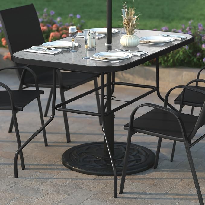 EMMA + OLIVER Tala Rectangle Patio Table with Umbrella Hole, All-Weather Table with Heat Resistant Tempered Glass, Steel Frame, 27.5x47.25, Black
