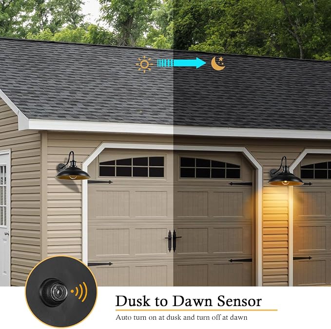Dusk to Dawn Outdoor Barn Light Fixtures, 16 Inch Dome Large Wall Sconce Farmhouse Exterior Wall Mount Light for House Garage Patio Doorway, 2 Pack