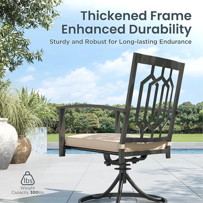 PHI VILLA 7 Pcs Outdoor Dining Set, 54" Round Table& Swivel Chairs | Black Wrought Iron Table w/ Umbrella Hole & Swivel Metal Chairs,Patio Furniture Set for Patio,Porch,Deck,Backyard