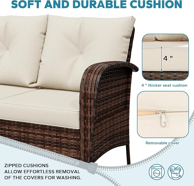 73" Patio 3-seat Sofa, Wicker Rattan Couch, Steel Frame Deep Seat Loveseat, Outdoor Conversation Furniture with Removable Cushions for Garden, Poolside, Porch(Beige)