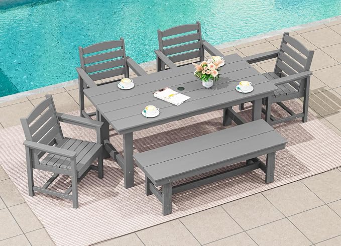 SERWALL 67" Rectangle Outdoor Dining Table for 6, Gray | Patio Dining Table with an umbrella hole, HDPE Outdoor Dining Table which can holds up to 220LBS