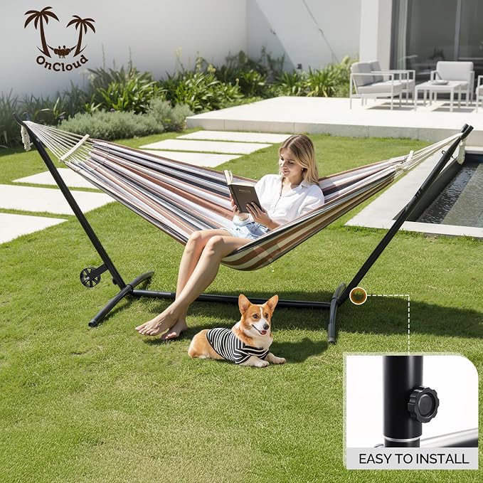 ONCLOUD Heavy Duty 550 LBS Hammock with Stand w/Wheel, Easy to Move, Included with Portable Carrying Bag, Upgraded Hammock with Stand for Outdoors & Indoors (Coffee w/Wheel)
