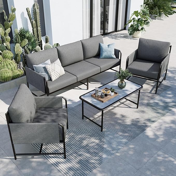 MFSTUDIO Metal Patio Furniture Sets, Outdoor Conversation Sets with Olefin-Filled Textilene Fabric Backrest, 5 Seats Deep Seating Modern Patio Sofa Sets with Textured Coffee Table for Garden(Grey)