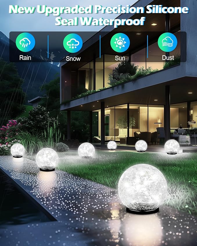 Garden Solar Ball Lights Outdoor Waterproof, 80 LED Cracked Glass Globe Ground Lights for Path Yard Patio Lawn, Outdoor Decoration Landscape White (2 Pack 5.9'')