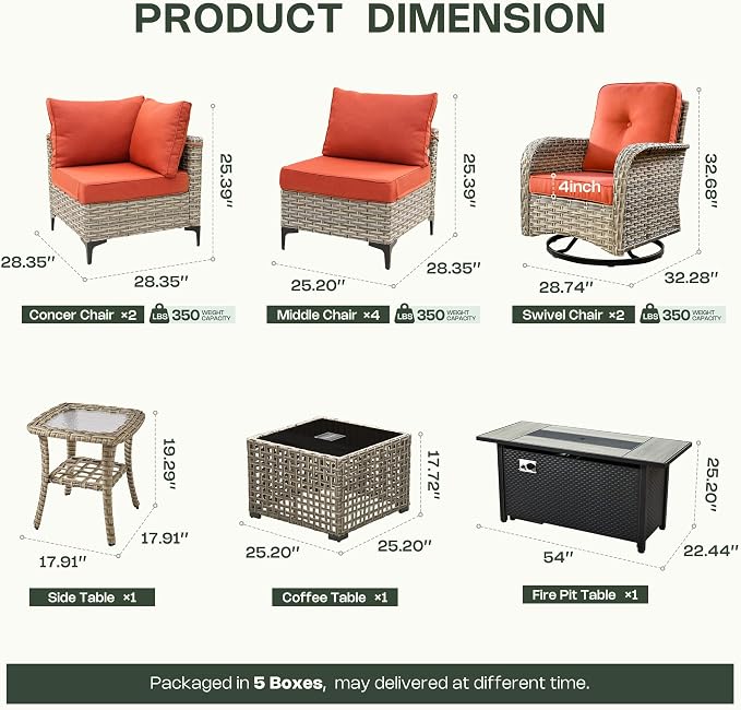 11 Piece Patio Furniture Set Outdoor Sectional with 54" Fire Pit Table, Wicker Swivel Rocking Chairs and L-Shaped Rattan Couch, Modular Conversation Set with Solar Coffee Table for Backyard, Red