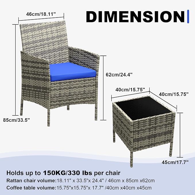3-Piece Patio Furniture Set – Outdoor PE Rattan Armchairs, Water-Resistant Blue Cushions, Glass Table – Conversation Set – Grey Gradient Rattan/Blue Cushion