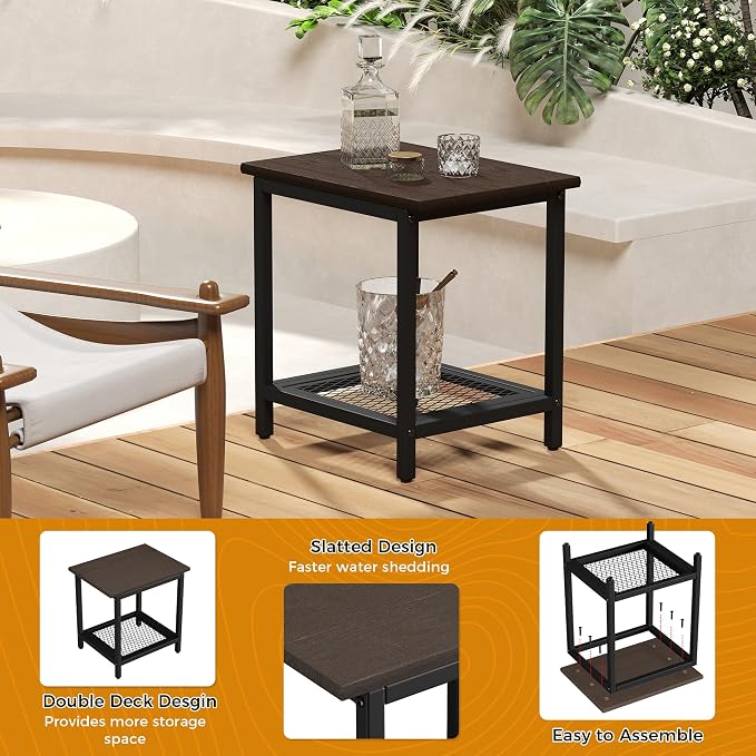 2-Tier Outdoor Side Table with Storage, Weather Resistant Patio End Table, HDPS Small Accent Table for Deck, Garden, Pool, Backyard, Brown