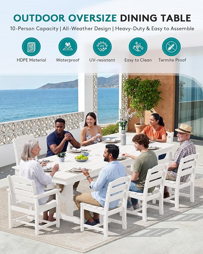 SERWALL 9 Piece Outdoor Dining Set, 84" HDPE Outdoor Table with 6 Armless Chairs and 2 Armchairs ，All Weather Patio Dining Furniture Set with Umbrella Hole for Backyard, Garden, White