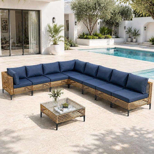9 Piece Outdoor Wicker Patio Sectional Furniture Set, Dark Blue | All Weather Performance, PE Rattan, Patio Conversation Set w/Coffee Table, for Backyard, Porch, Poolside, Deck