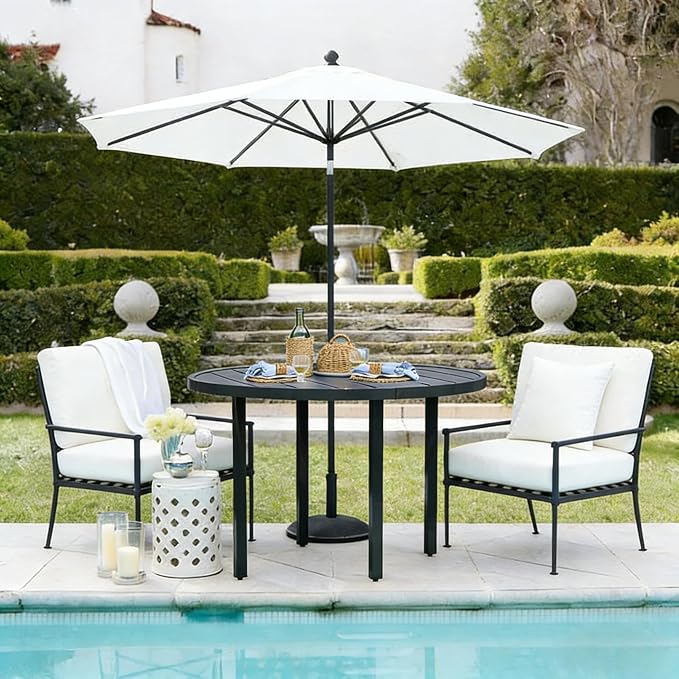 60" Round Outdoor Patio Table for 8, Metal Black Dining Table with Adjustable Umbrella Hole, Garden, Backyard & Deck Bistro Table