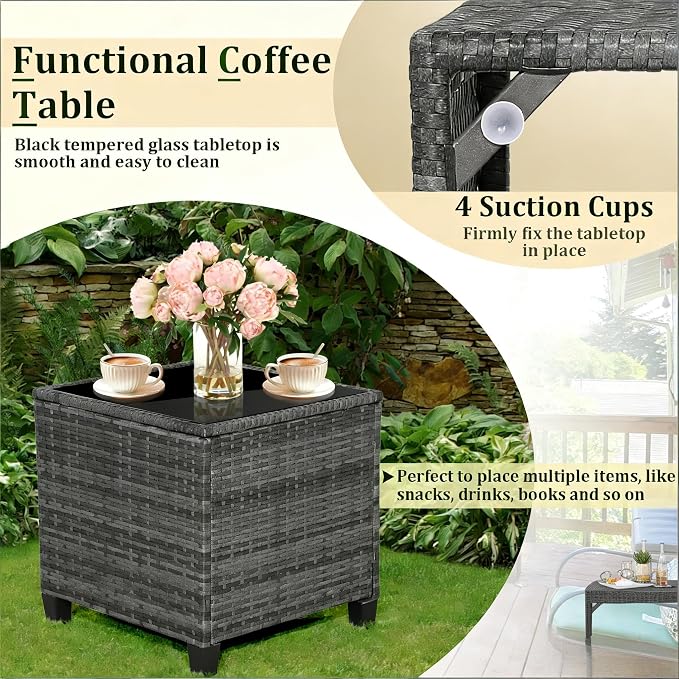 ORALNER 3 Pieces Patio Furniture, Outdoor Wicker Conversation Set Chairs with Soft Cushions and Glass Coffee Table, Mix Gray Rattan Bistro Set for Balcony Garden Deck Front Porch Poolside (Beige)