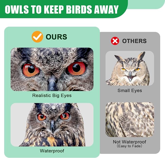 Owls to Keep Birds Away: 3Pack Fake Owl with Reflective Tape for Vineyard Garden Patio Pool, Reflective Hanging Decoration to Keep Birds Pigeon from Windows Tree Orchard
