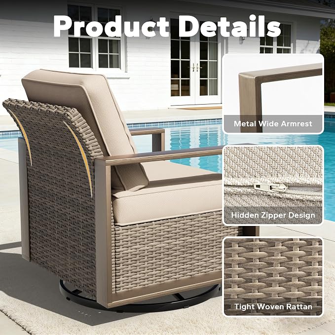 6 Pieces Metal Wicker Patio Furniture Set - Four Swivel Chairs and Two Ottomans, All Weather Rattan Outdoor Conversation Furniture with Washable Cushion for Deck Porch, Beige