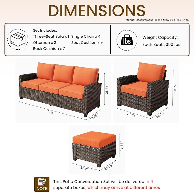 CAODOC 7 Pieces Rattan Patio Furniture Set, 4 x Single Chair, 2 x Ottoman and 3-Seat Sofa with Cushions, 9 Seats Outdoor Wicker Sectional Conversation Set for Garden, Poolside, Backyard