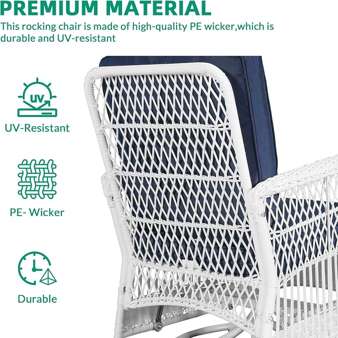 VIVIJASON 5-Piece Patio Wicker Conversation Set, All Weather Outdoor Rattan Furniture Set Includes Glider Loveseat, 2 Coffee Table, 2 Swivel-Gliders Chairs with Cushions, White/Navy Blue