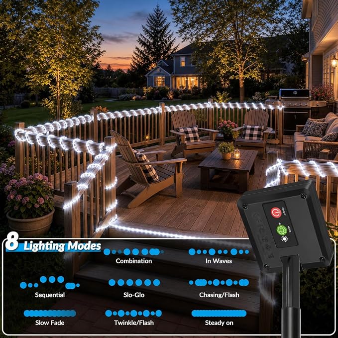 Solar Rope Lights, 33FT 100 LED Solar Fairy Lights with 8 Lighting Modes, IP65 Waterproof Strip Light Outdoor for Garden Yard Patio Deck Fence Tree Party Holiday Decoration, Cold White