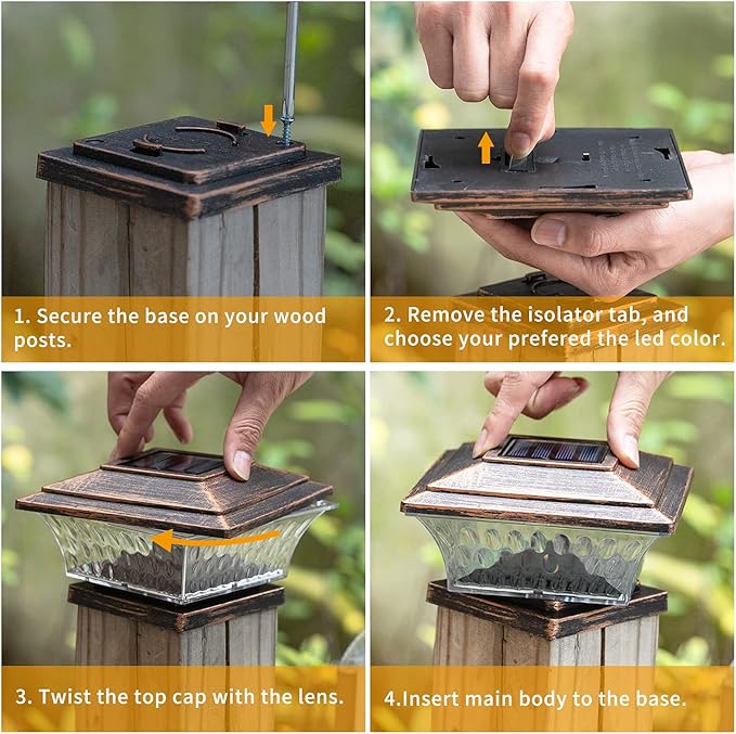 HUYIENO Solar Post Cap Lights Outdoor LED Lighting Deck Fence Cap Light Two Light Modes Warm White/Bright White Suitable for 4x4 Wooden Posts Brushed Copper 4PK