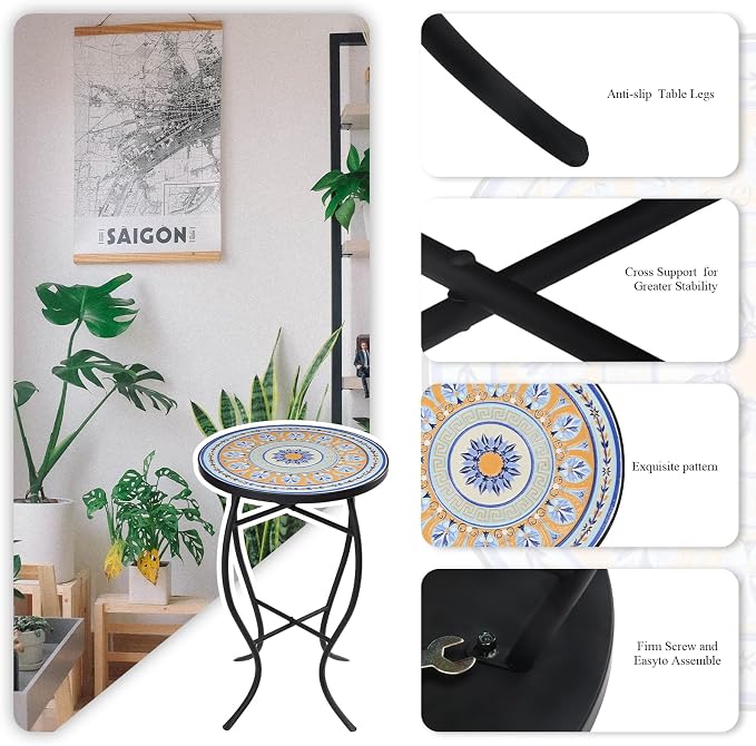 VCUTEKA Mosaic Side Table, 21" Round End Table with 14" Ceramic Tile Top, Patio Accent Table Indoor and Outdoor End Table for Yard, Garden, Living Room, Bistro Balcony or Lawn