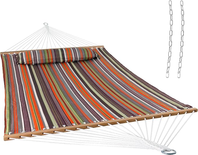 Sunnydaze Quilted Double Hammock for Outside with Spreader Bars and Pillow - 450 lb Capacity, 74x55 Inch Bed, UV Resistant, Quick Dry - Chains Included, Stand Sold Separately - Canyon Sunset