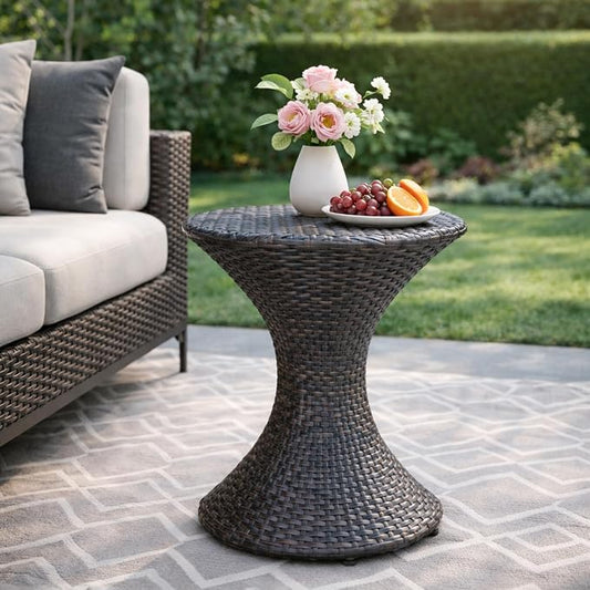 Wicker Rattan Side Table, Outdoor Round Rattan Coffee End Table for Patio Porch Lawn