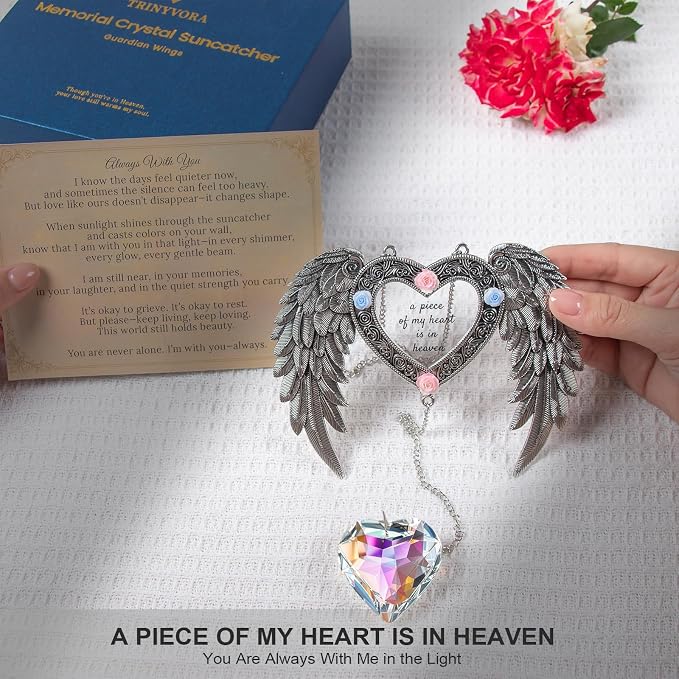 Sun Catcher Memorial Gifts A Piece of My Heart is in Heaven,Heavenly Wings Sympathy Gift for Loss of Loved One, Crystal Suncatcher for Windows, Bereavement & Grief Gift for Women, Remembrance Decor