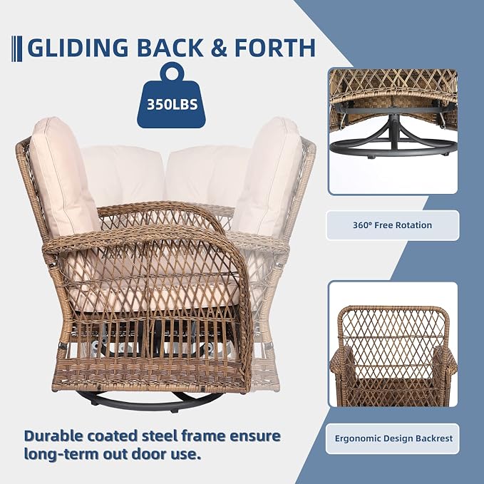 5-Piece Wicker Patio Furniture Sets Outdoor All-Weather Rattan Conversation Set Includes Glider Loveseat, 2 Glass-Top Coffee Tables, 2 Swivel Rocking Chairs with Thickened Cushions