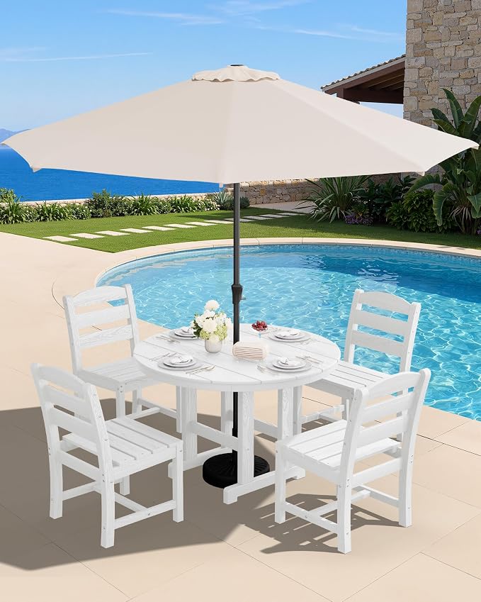 SERWALL 6-Piece Patio Dining Sets, HDPE Outdoor Table and Chairs Furniture Set with Umbrella, 45" Round Dining Table & 4 Armless Dining Chairs & 1 9FT Umbrella, White(Not Include Umbrella Base)