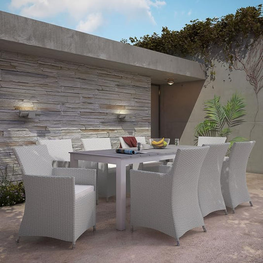Modway Junction Wicker Rattan 9-Piece Outdoor Patio Dining Set with 80" Dining Table and Eight Dining Armchairs with Cushions in Gray White