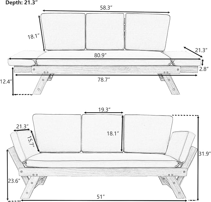 Outdoor Patio Furniture Sets, Adjustable Wooden Daybed Sofa Chaise Lounge, Acacia Wood Couch Sofa Bed with Cushions for Small Places Patio Balcony Poolside Backyard (Brown Finish+Beige cushion 6)