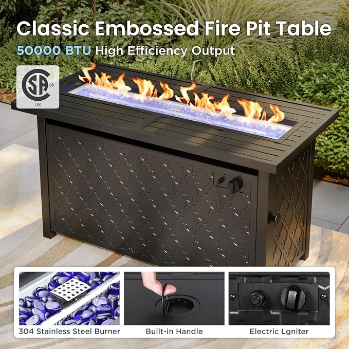 PHI VILLA Patio Furniture Set with FirePit Table, Outdoor Furniture with 1 x 72 Deep Seating Sofa Bench, 1 x 45 Gas Firepit Table, 2 x Swivel Sofa Chairs, 2 x Metal Cushioned Ottoman