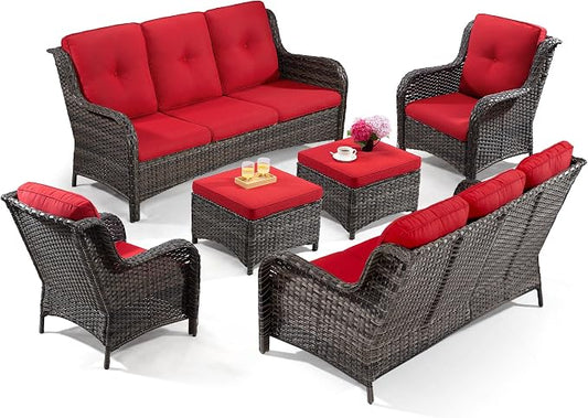 Outdoor Wicker Couch Set 6 Pieces - Outdoor Wicker Patio Furniture Set with 2 Armchairs, 2 Couch and 2 Ottomans, Olefin Cushions Included(Mixed Grey/Red)
