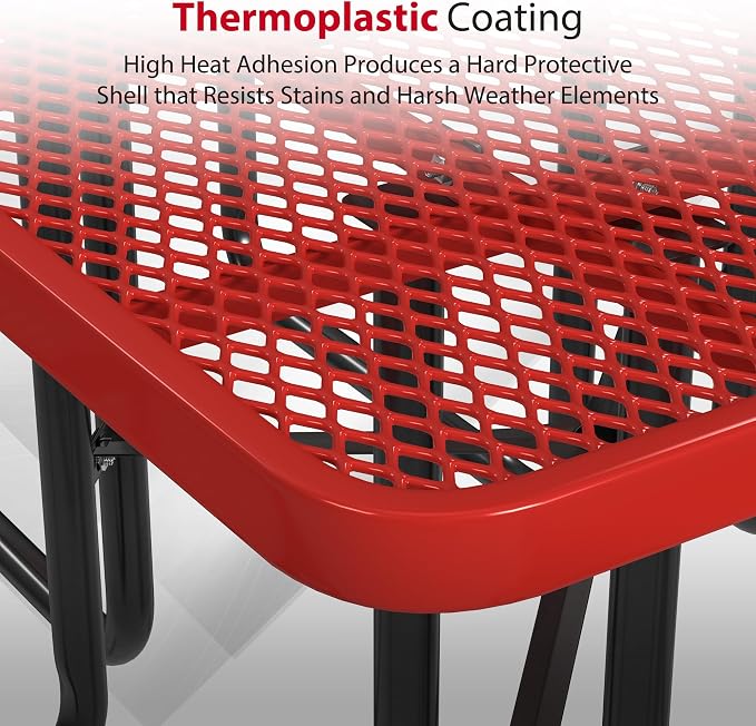 Leisure Craft Metal Picnic Table with Bench - 46" Square Outdoor Dining Table with Umbrella Hole, Heavy Duty Thermoplastic Coating, ADA Compliant, Commercial Grade Furniture Made in USA - Red