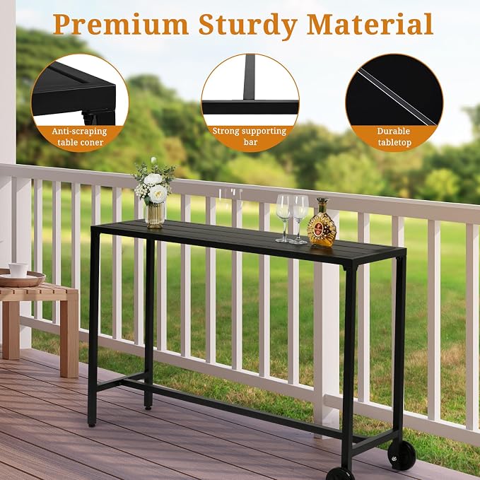 55" Outdoor Patio Bar Table,Rectangle Narrow Outdoor Counter Height Bar Table,Metal Patio Pub Bistro Cocktail Table,with Wheels,for Patio Garden Deck Yard Poolside Balcony (Black)