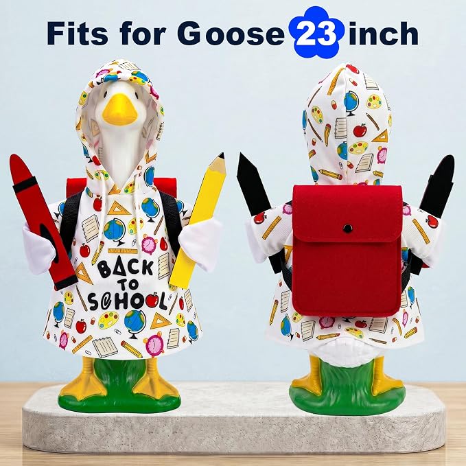 Back to School Porch Goose Outfits, Summer 23 inch Geese Statue Clothes, 4 Pcs Accessories Hoodie Backpack Pencil Crayon, School Gifts Party Garden Outdoor Yard Lawn Patio Decor