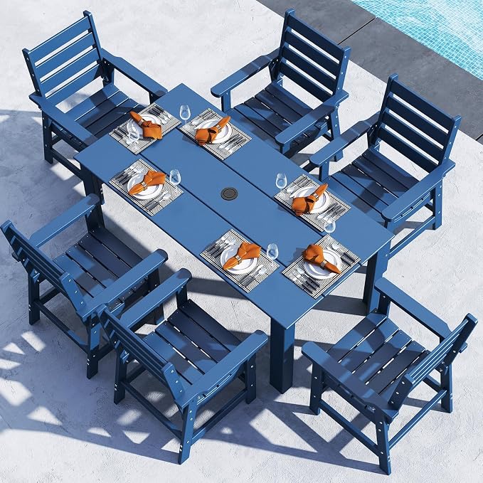 BRIOPAWS Outdoor-Dining-Set | 7 Piece | HDPE | 67" Patio Table and Chairs Sets for 6 | Patio Dinner Furniture | All Weather | Umbrella Hole | for Poolside Deck Backyard Outdoors | Blue