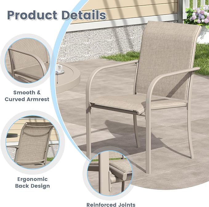 VICLLAX 11 Pieces Patio Outdoor Dining Set, 63" Round Metal Table with Umbrella Hole and 10 Stackable Textilene Chairs for Patio, Lawn, Garden, Porch, Sandshell