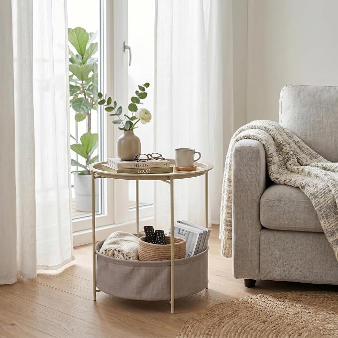 VECELO Round Side/End Table with Fabric Storage Basket，Metal Anti-Rust and Waterproof Small Bedside Nightstand with Removable Tray Top for Living Room，Balcony & Laundry，Grey /1pcs with Basket