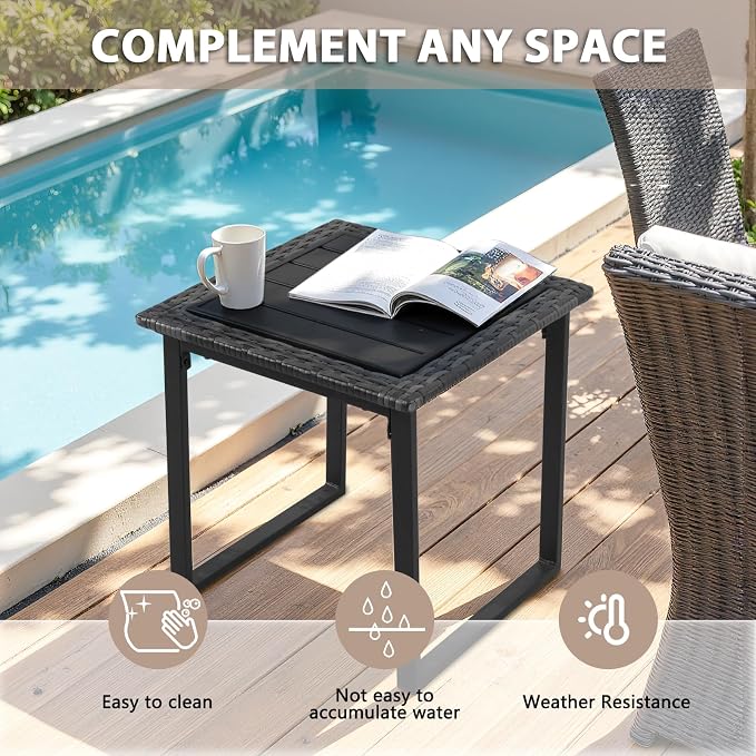 Wicker Outdoor Side Table for Patio Set of 2, 2 PCS Square Rattan Outdoor End Tables for Outside Porch Lawn Garden Balcony Pool Bistro, Black