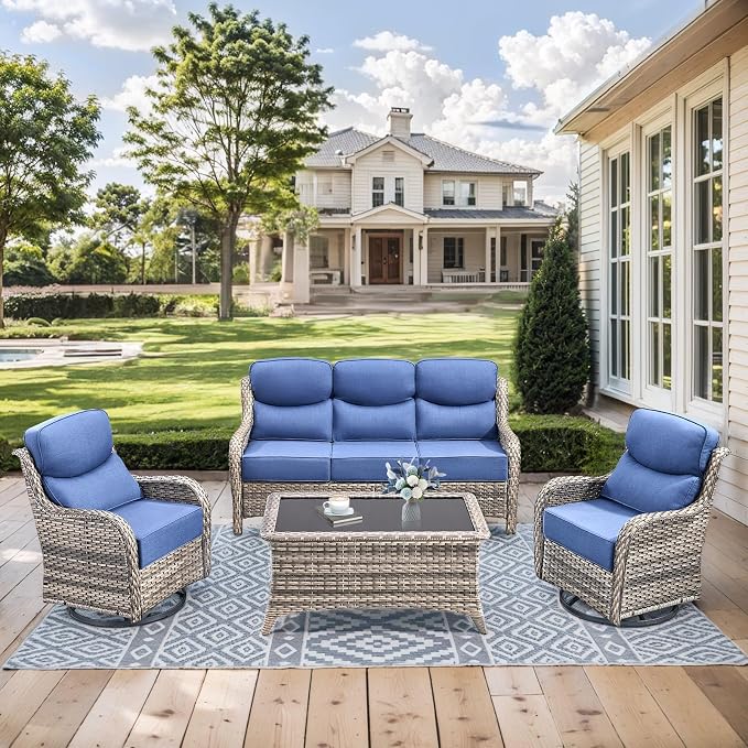 HUMMUH 6 inch Thick Cushion Wicker Patio Furniture Set with Outdoor Swivel Rocker Patio Chairs,High Back Outdoor Couch and Coffee Table for Porch Garden Deck