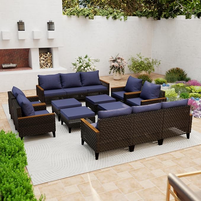 14 Piece Patio Sectional Sofa Furniture Set, All-Weather Wicker Rattan Outdoor Conversation Set with High Back and Hick Cushions, for Garden, Porch, Poolside, Blue